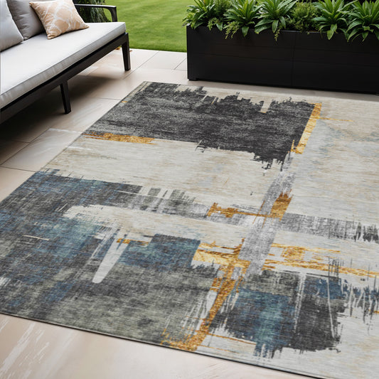 5' X 8' Charcoal Gray And Tan Abstract Washable Indoor Outdoor Area Rug-0