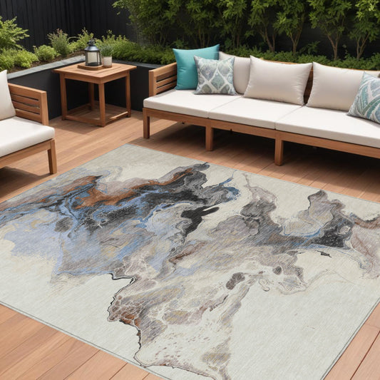 10' X 14' Beige Gray And Copper Abstract Washable Indoor Outdoor Area Rug-0